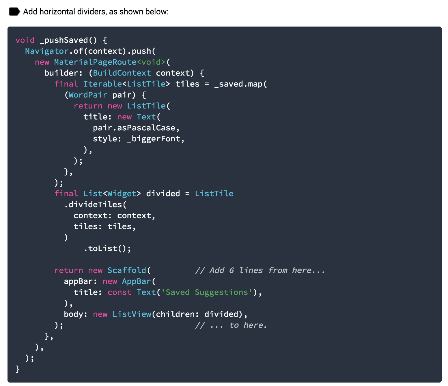 "Write your first Flutter app, part 2" - Clarify description of step ...