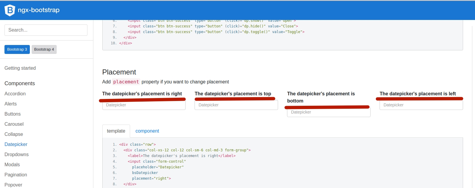 docs(datepicker): fix descriptions for datepickers' outputs for Placement  demo · Issue #4004 · valor-software/ngx-bootstrap · GitHub