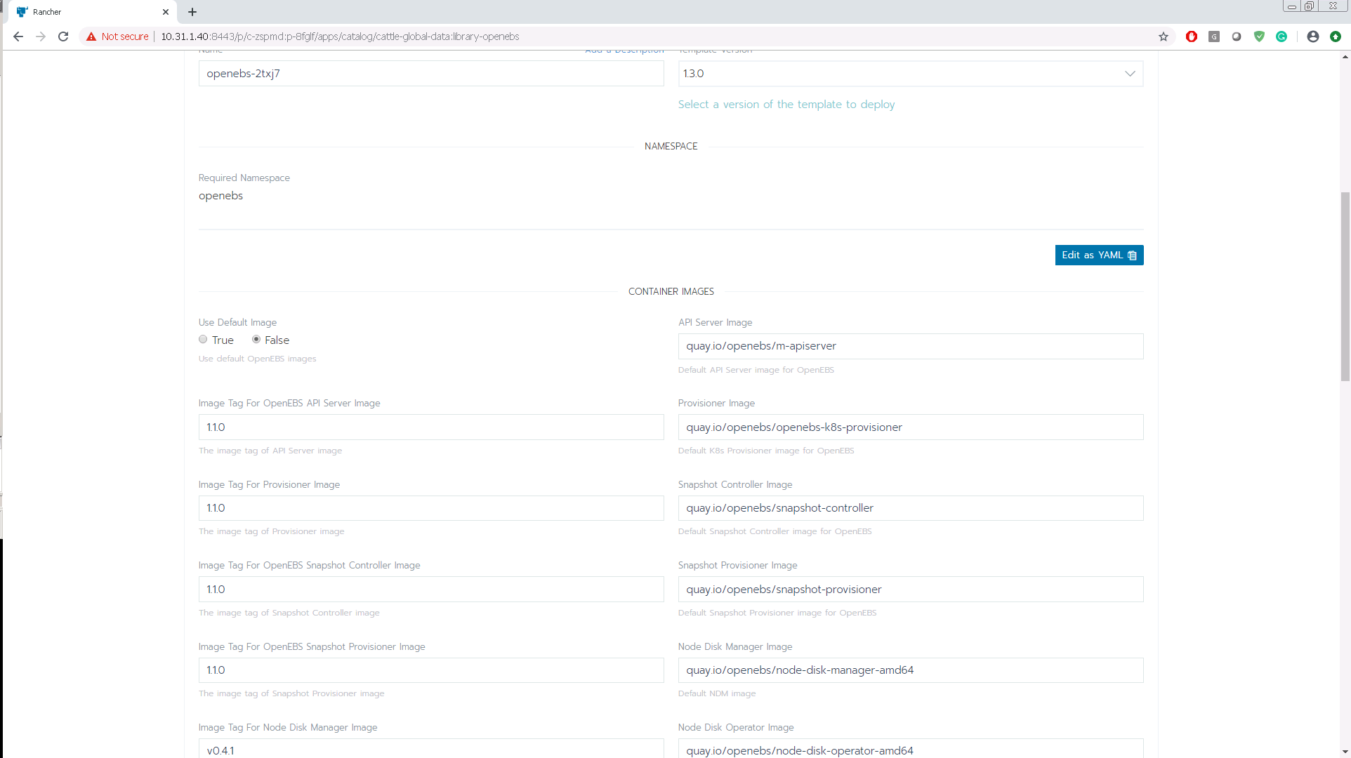 In Rancher library catalog OpenEBS template version 1.3.0 picks up 1.1.