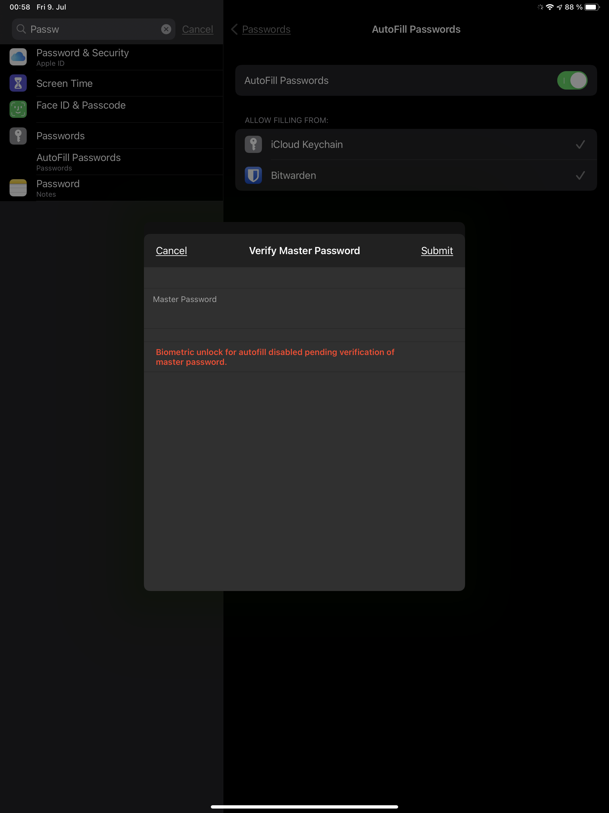 Master password can only be used once in the iOS app. Master password