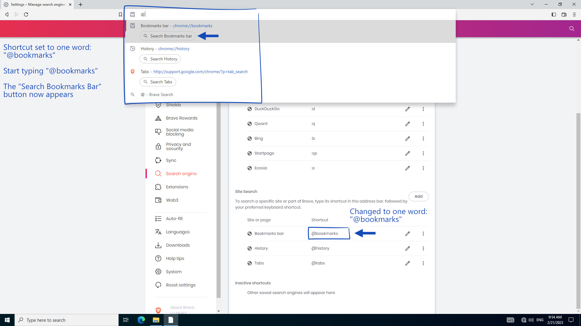 "bookmarks bar" is not a Valid Address Bar Shortcut as it's Two Words