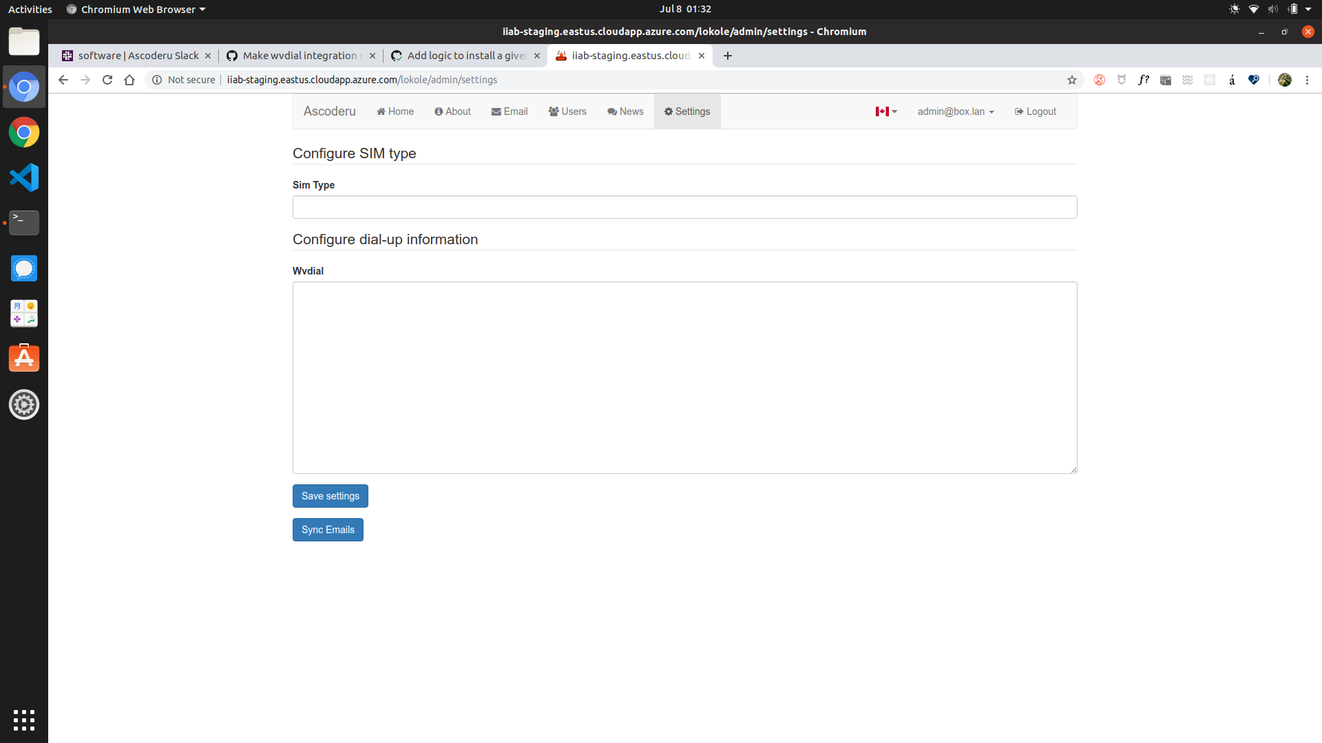 Settings page has two sections: "Configure SIM type" and "Configure dial-up information"