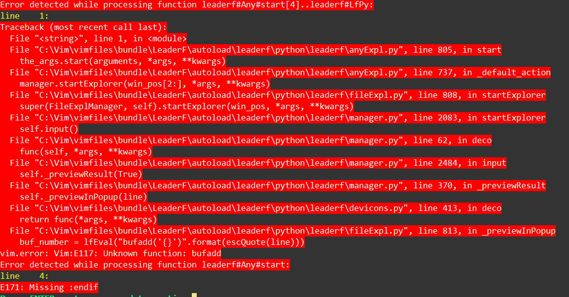 预览提示错误：Unknown function: bufadd · Issue #683 · Yggdroot/LeaderF · GitHub