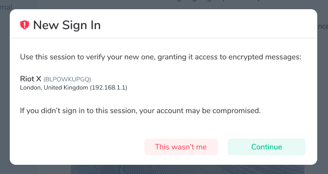 New session verification from toast should first confirm device ID ...