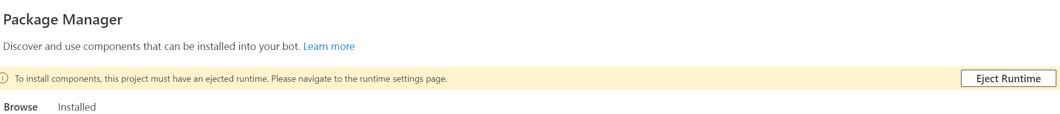 Package Manager - "Eject runtime" button at top of the page navigates ...