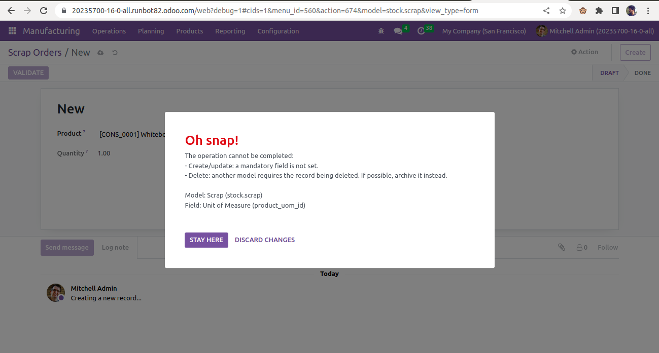 [16.0] Scrap Order Creation Error · Issue #103236 · odoo/odoo · GitHub