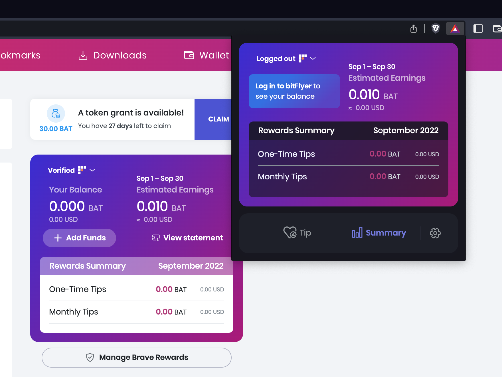 brave://rewards page doesn't reflect 