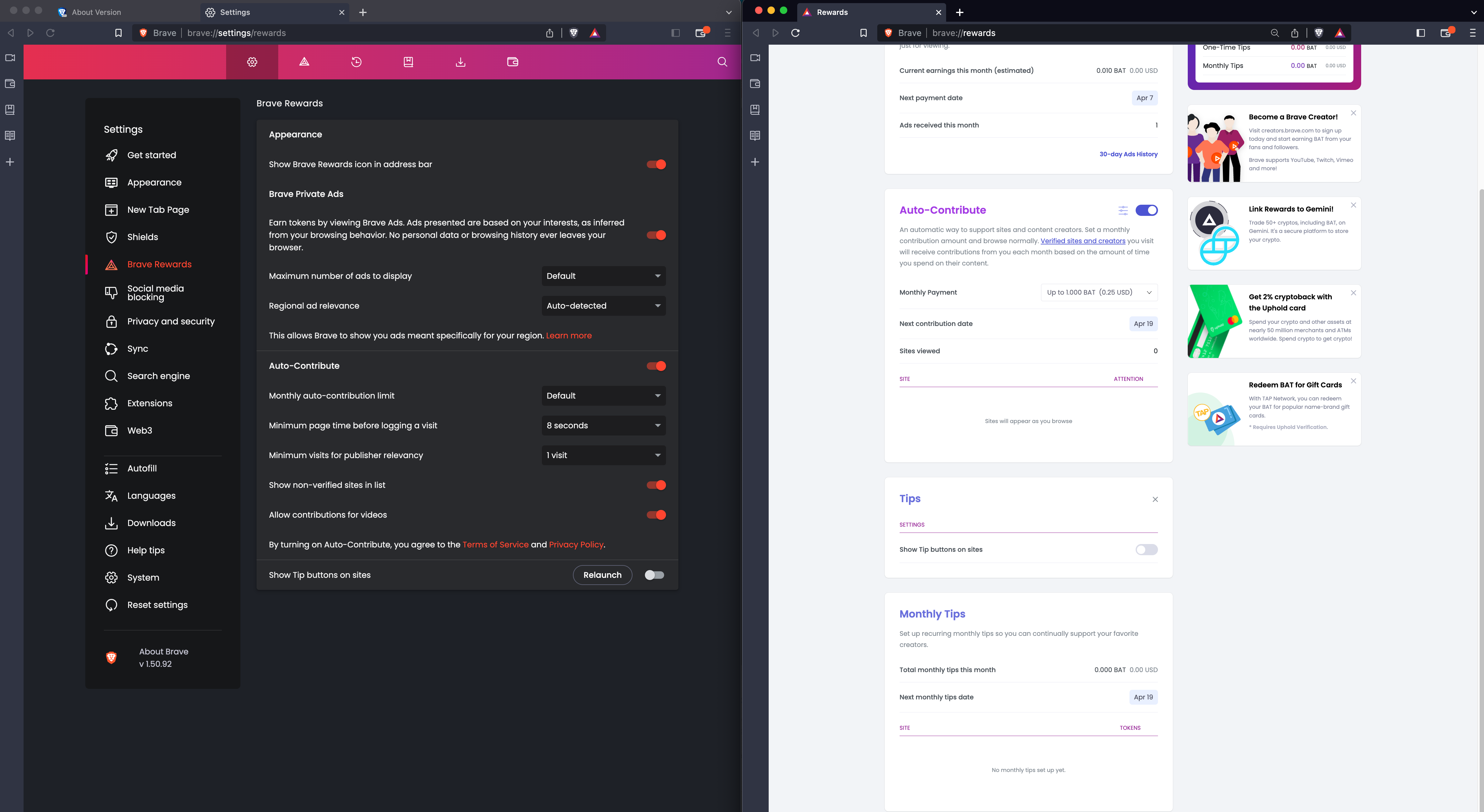 Relaunch button mismatch between brave://rewards and brave://settings ...