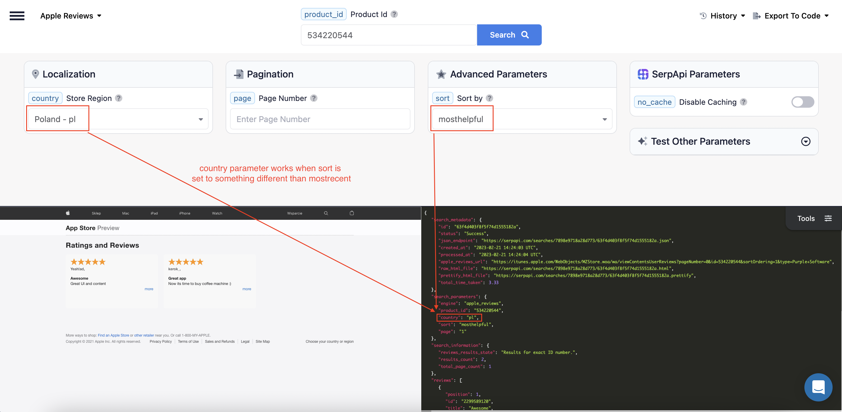 [Apple App Store Reviews API] `country` parameter doesn't work when ...
