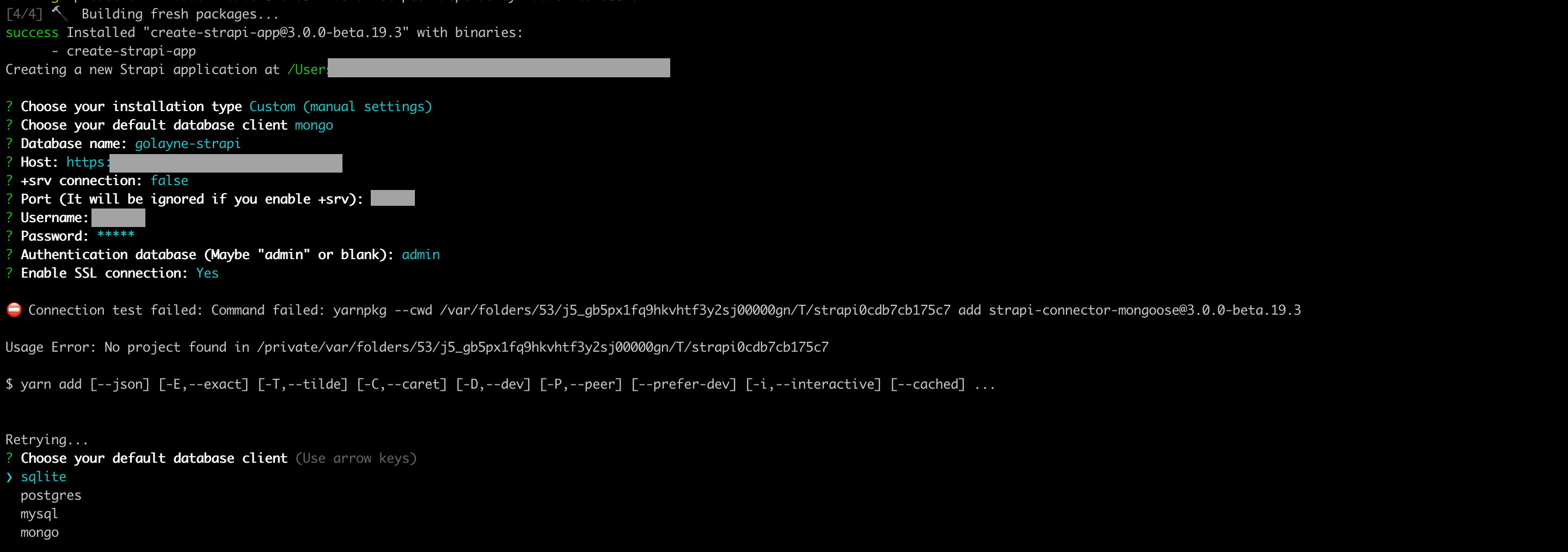 yarn/npx createstrapiapp not working with MongoDB · Issue 4751