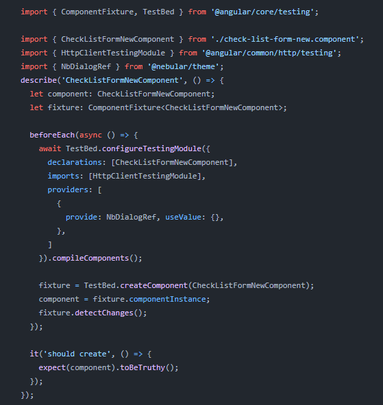 NbDialogService and NbDialgoRef basic Jasmine Unit testing Dialog