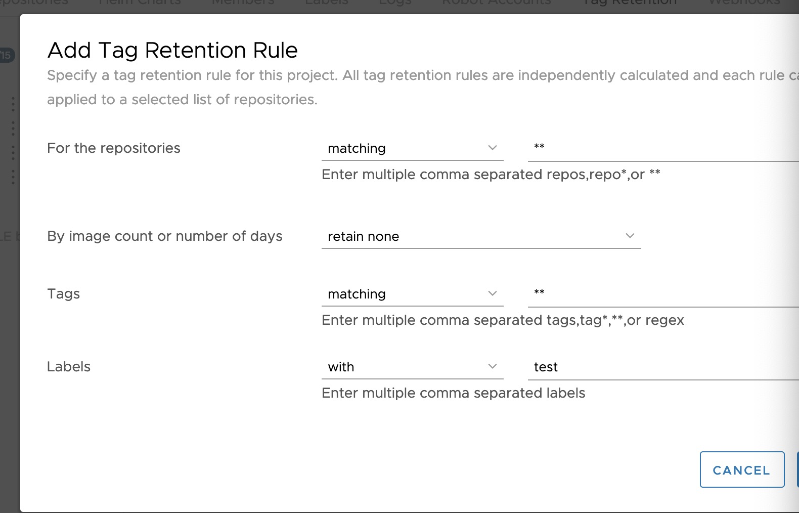 [tag retention] tags and labels are meaningless when set "retain none