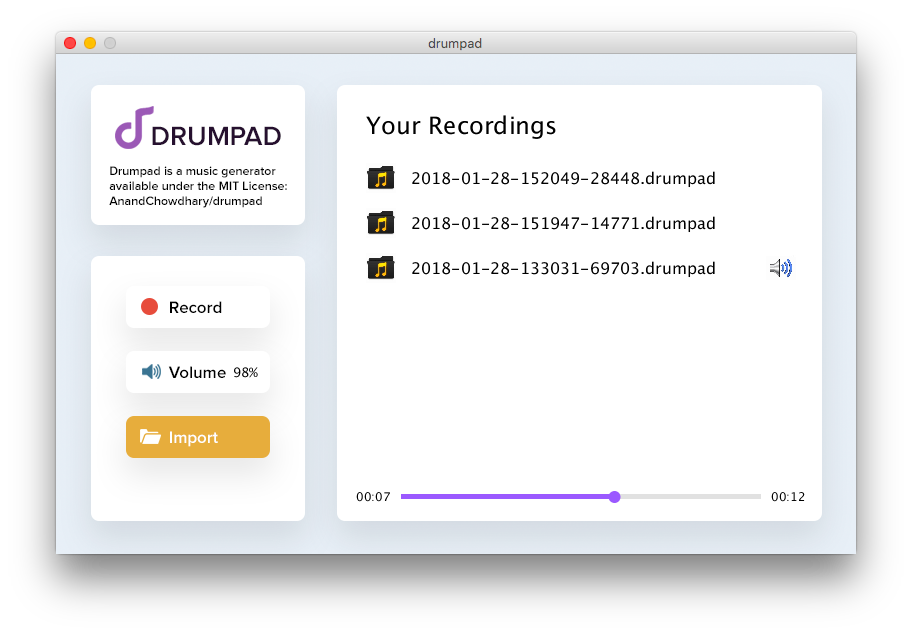 Your Recordings screen on Drumpad