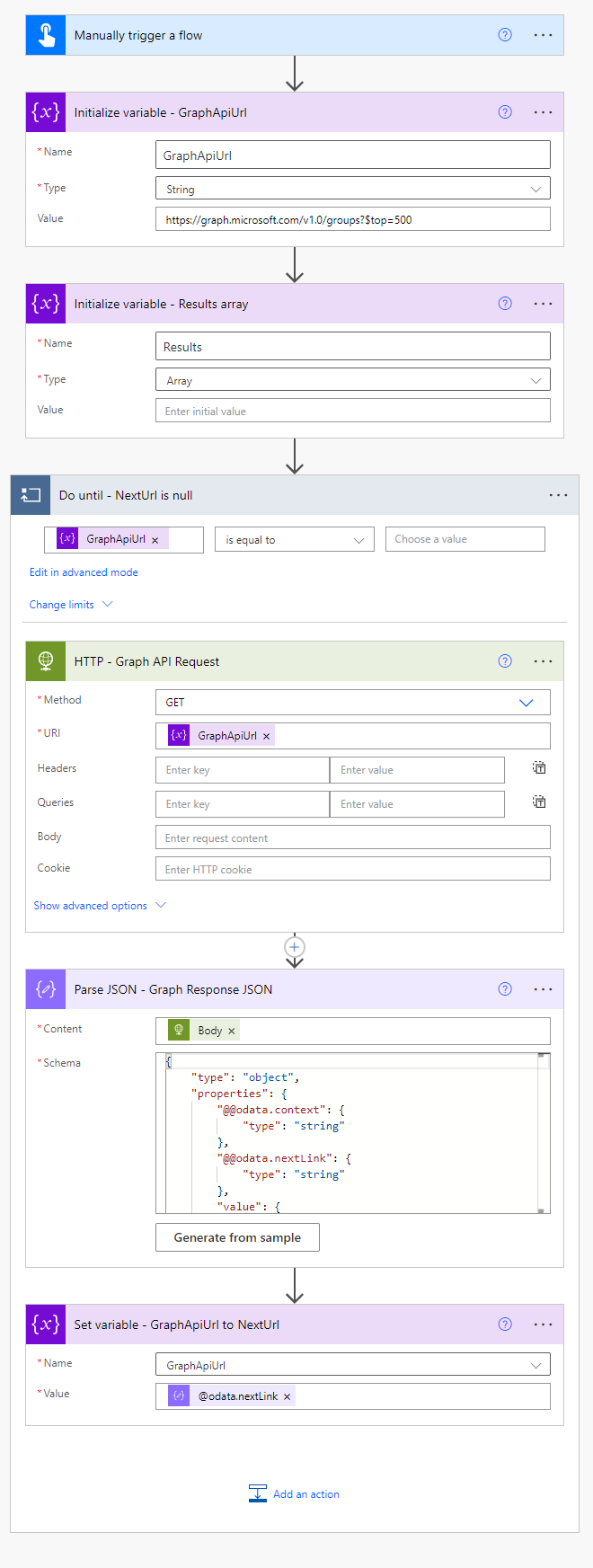 Example of paging a Microsoft Graph API query in a Power Automate Flow ...