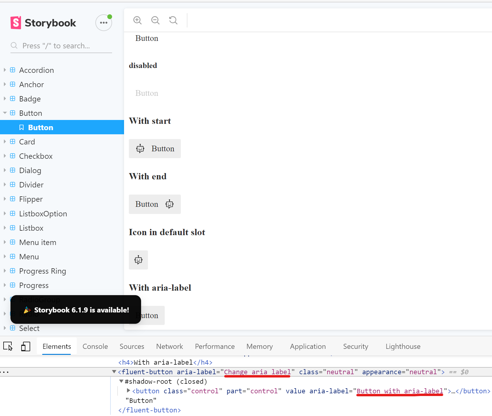 FluentButton ARIA property updates not reflected in internal button ...