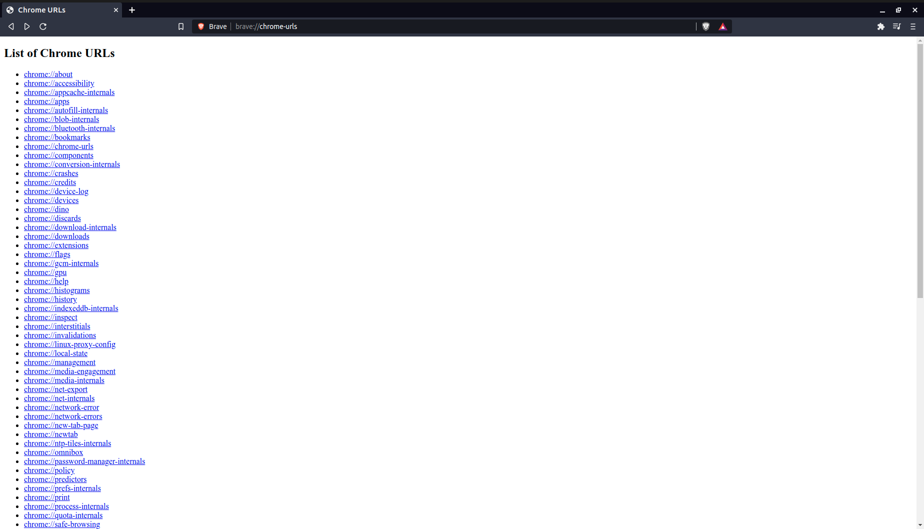 brave//chromeurls/ shows list of all internal URLs for chrome instead