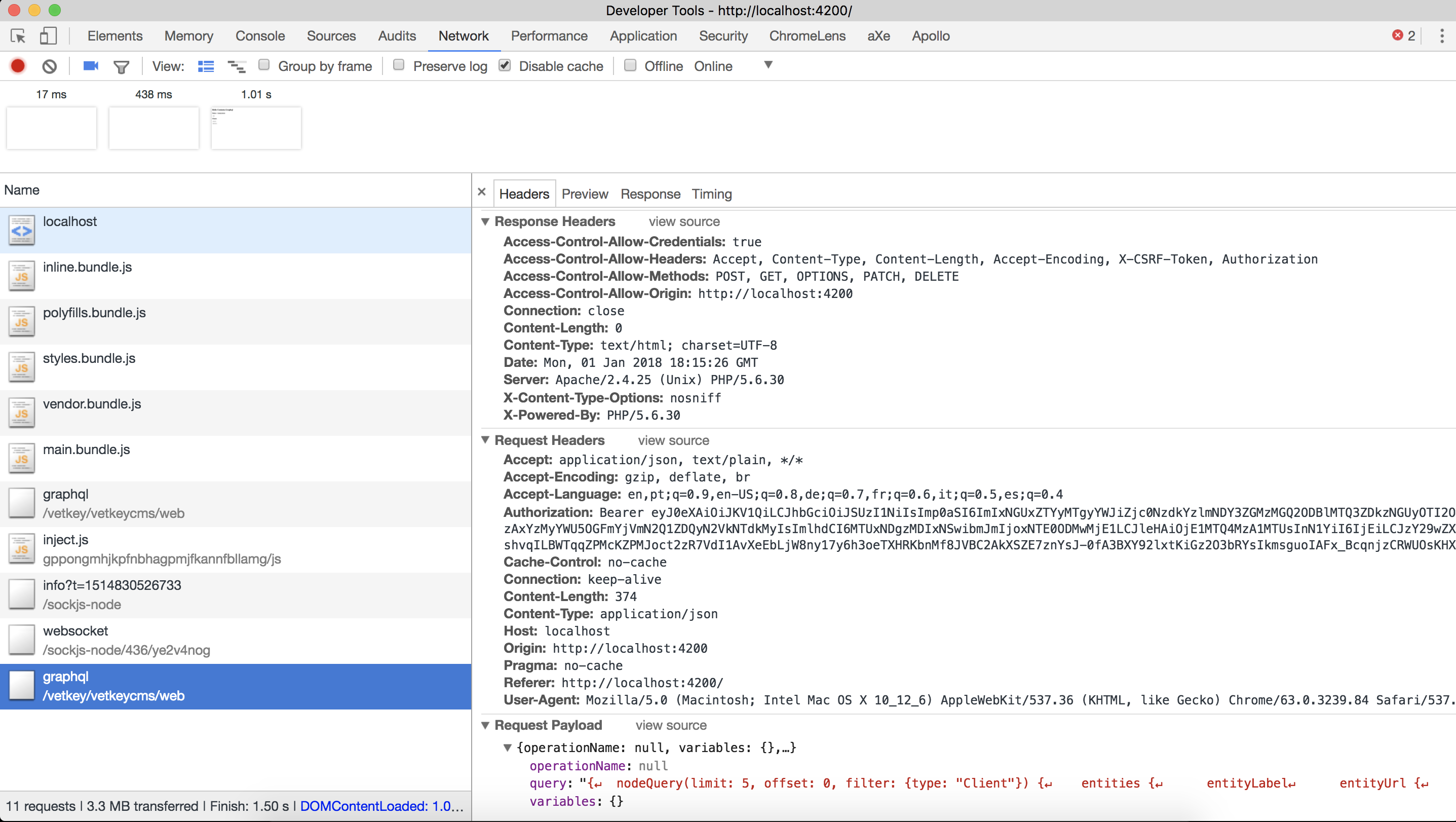 500 Internal Server error after attaching Bearer token for