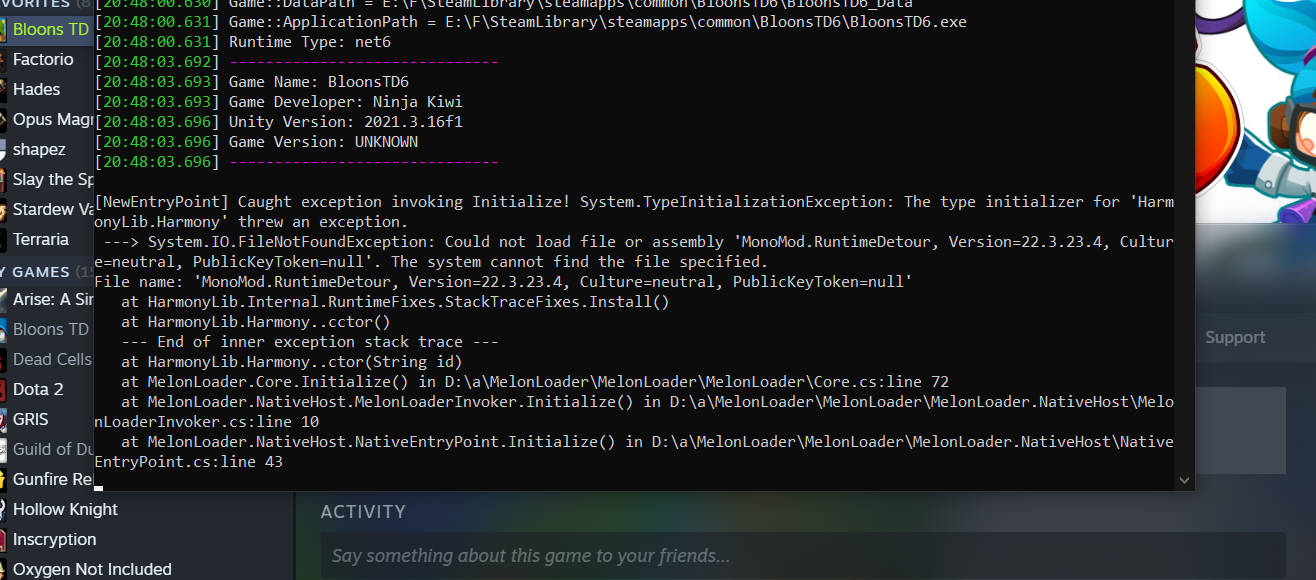 Melon Loader throwing an exception. Followed the steps exactly as shown
