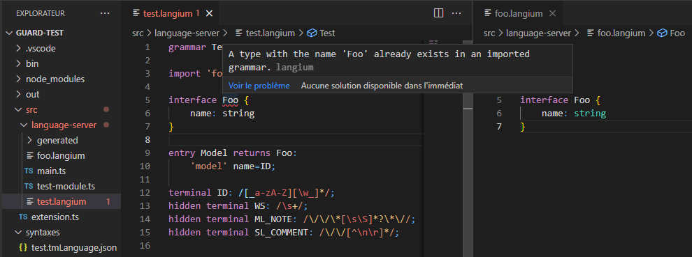 Interface defines in a Langium file isn't accessible from another ...