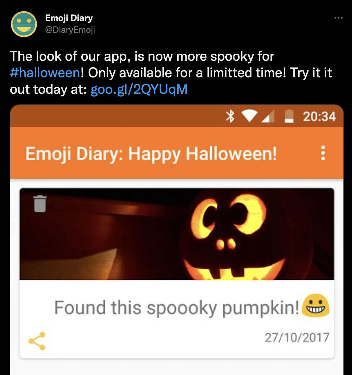 Screenshot of tweet from @DiaryEmoji: 'The look of our app, is now more spooky for #halloween! Only available for a limitted time!' with screenshot of app with orange theming and custom 'Happy halloween' added to app title bar.