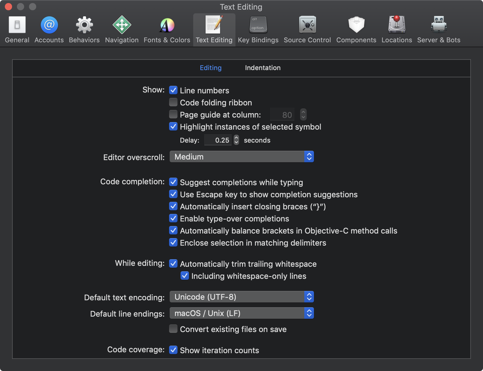 Xcode Text Editing Preferences
