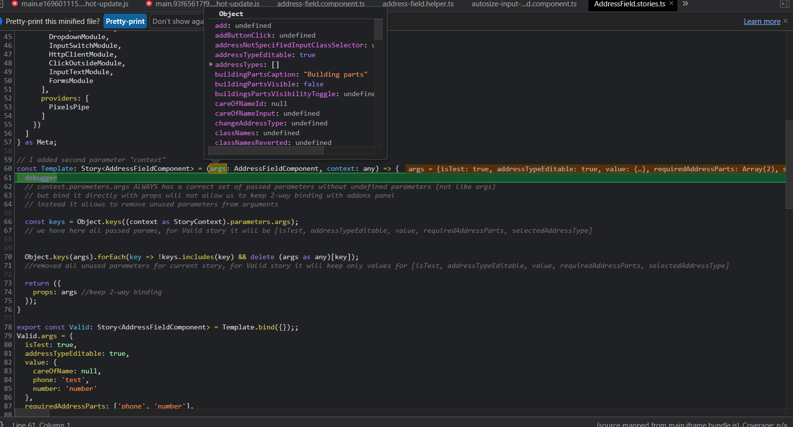 Args parameter of the Story template has undefined properties when