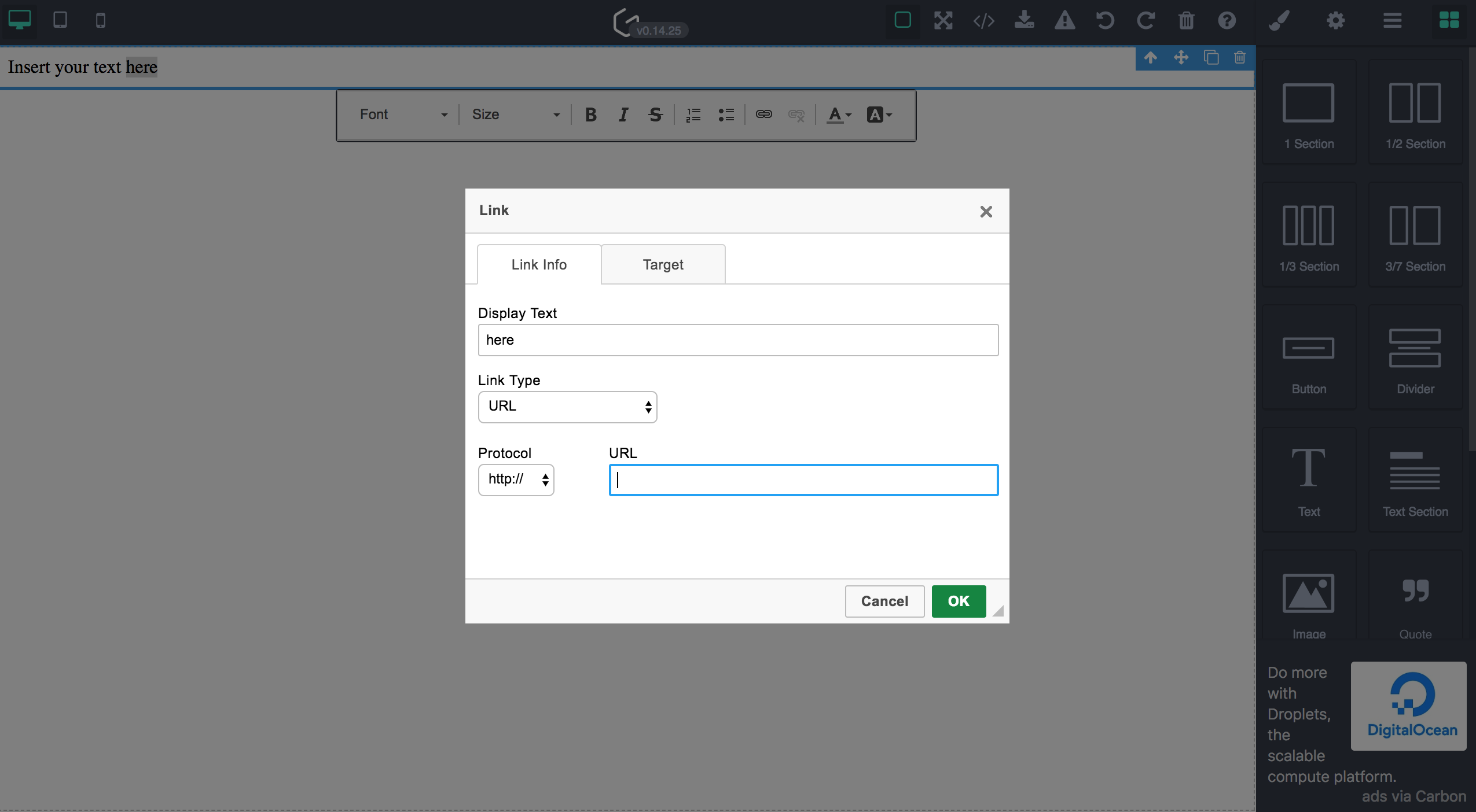 Create link only on "OK" button press · Issue 1358 · GrapesJS/grapesjs