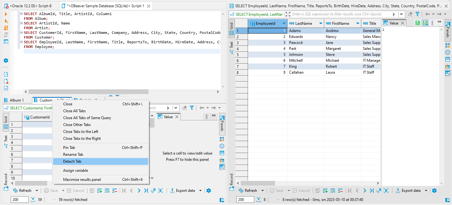 Can DBeaver display multiple query results vertically like MS SQL ...
