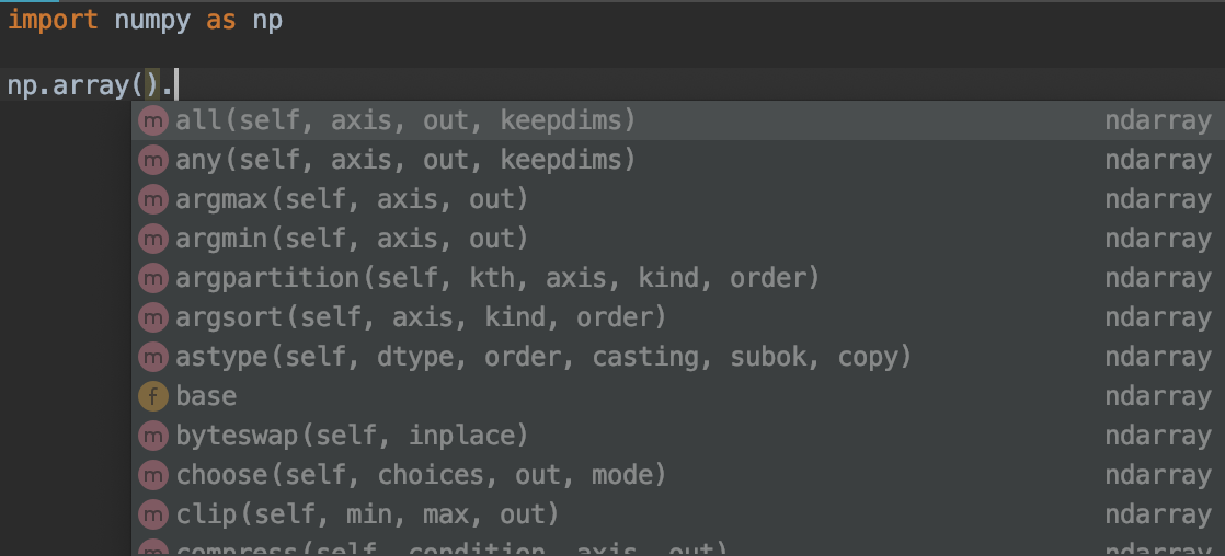 Autocomplete can't list all attributes in numpy.array even .shape ...