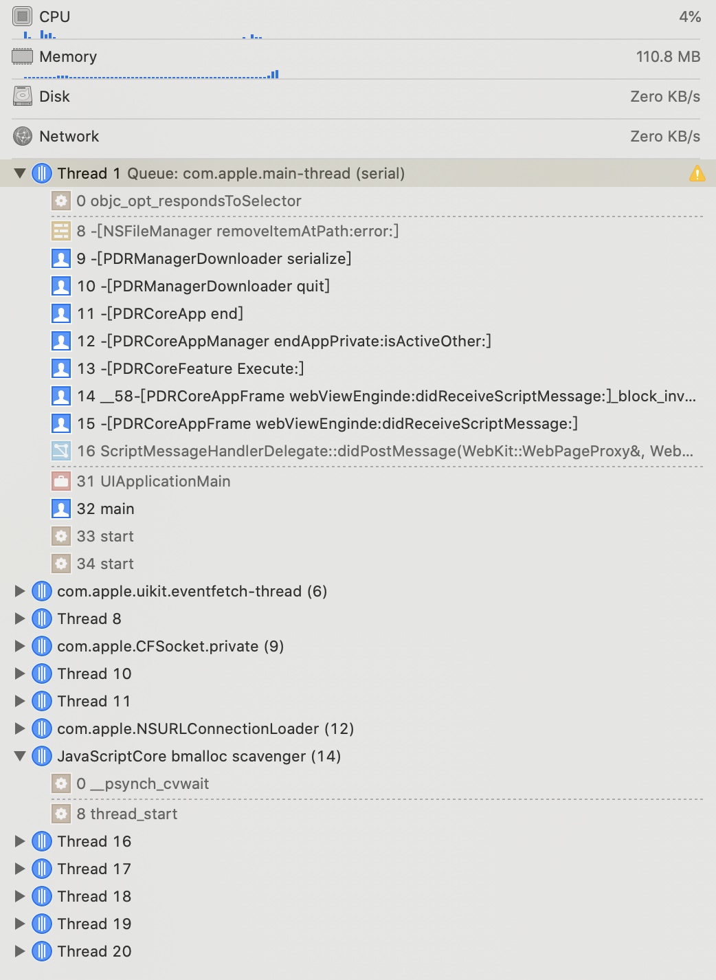 5+SDK,以widget方式集成，在原生和5+之间切换时，偶现崩溃：最后崩溃：[PDRManagerDownloader serialize ...