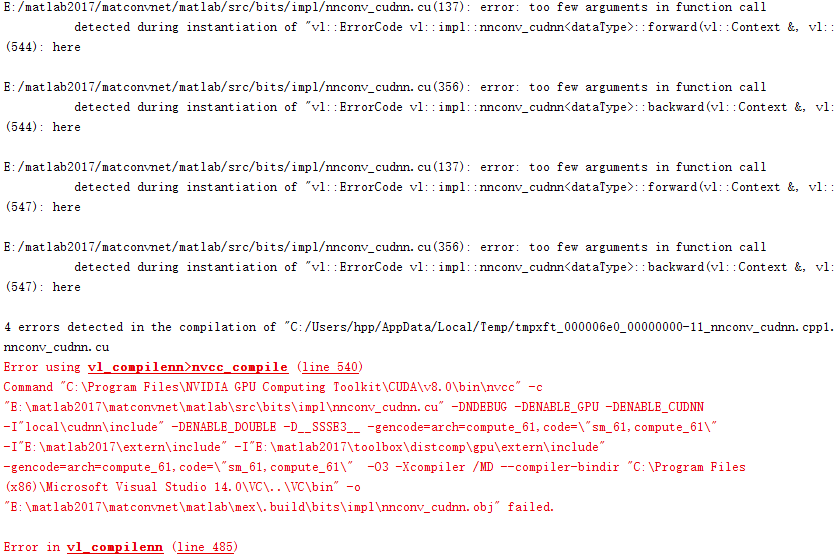 Failed to compile nnconv cudnn cu on win10 too few arguments in