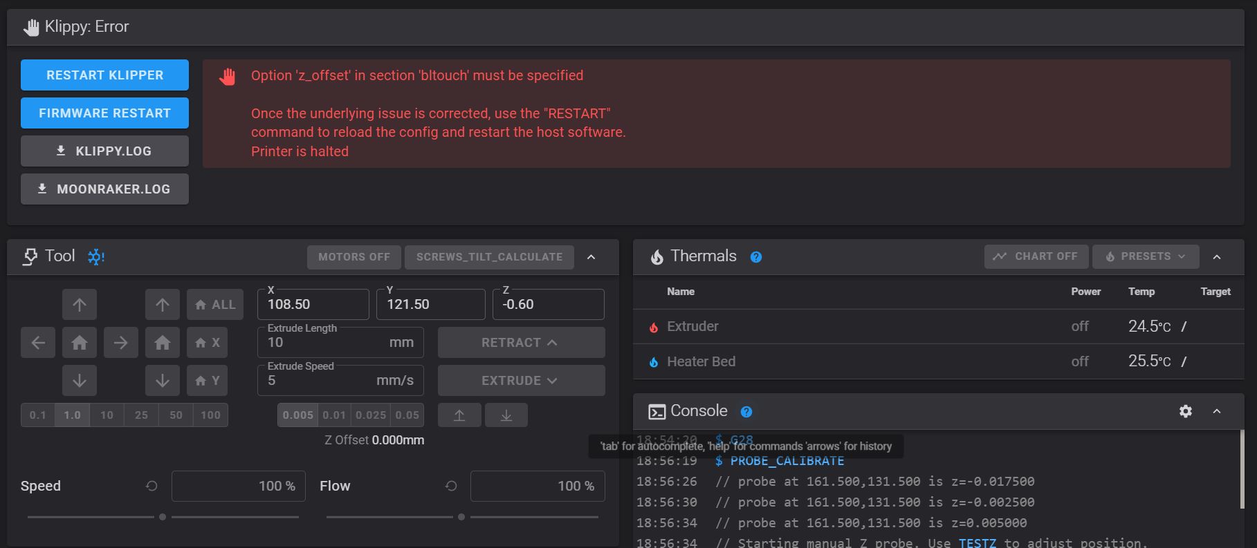 Option 'z_offset' in section 'bltouch' must be specified Klipper3d