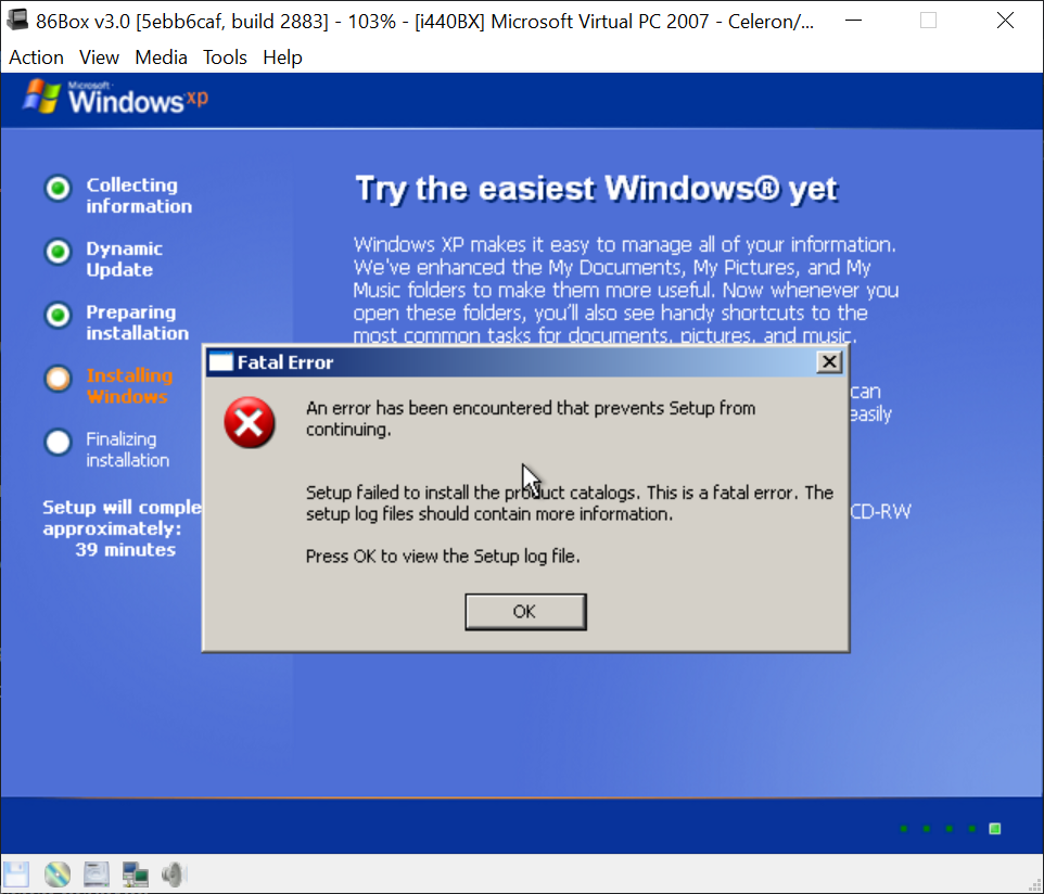 XP install fails during GUI stage · Issue #1353 · 86Box/86Box · GitHub