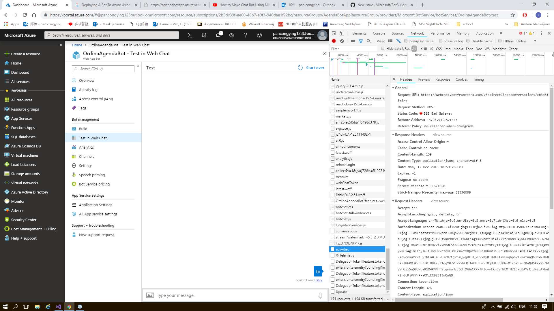 502 Bad Gateway when deploy bot framework to Azure in Testing in Web ...
