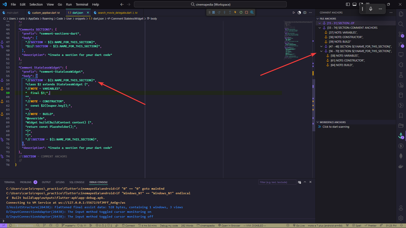 Trying to add the Anchor Comments to User Snippets in VSCode 1.81.1 ...