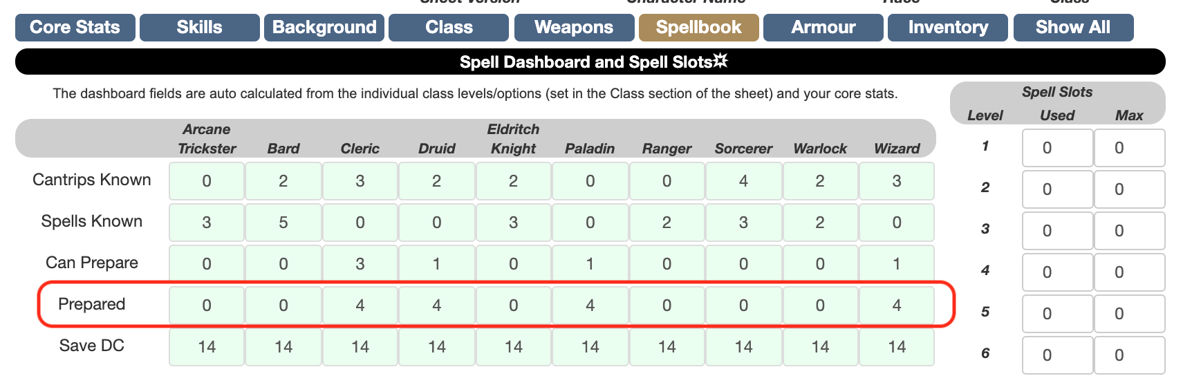 [DnD_5e] Add Spells Prepared count to spell table in spellbook by randallreedjr · Pull Request