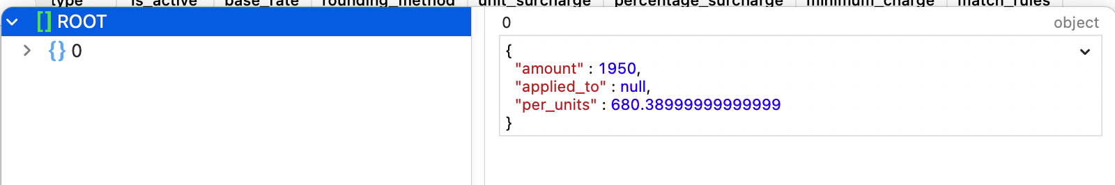 Quick look editor on a JSON column showing different values for float ...
