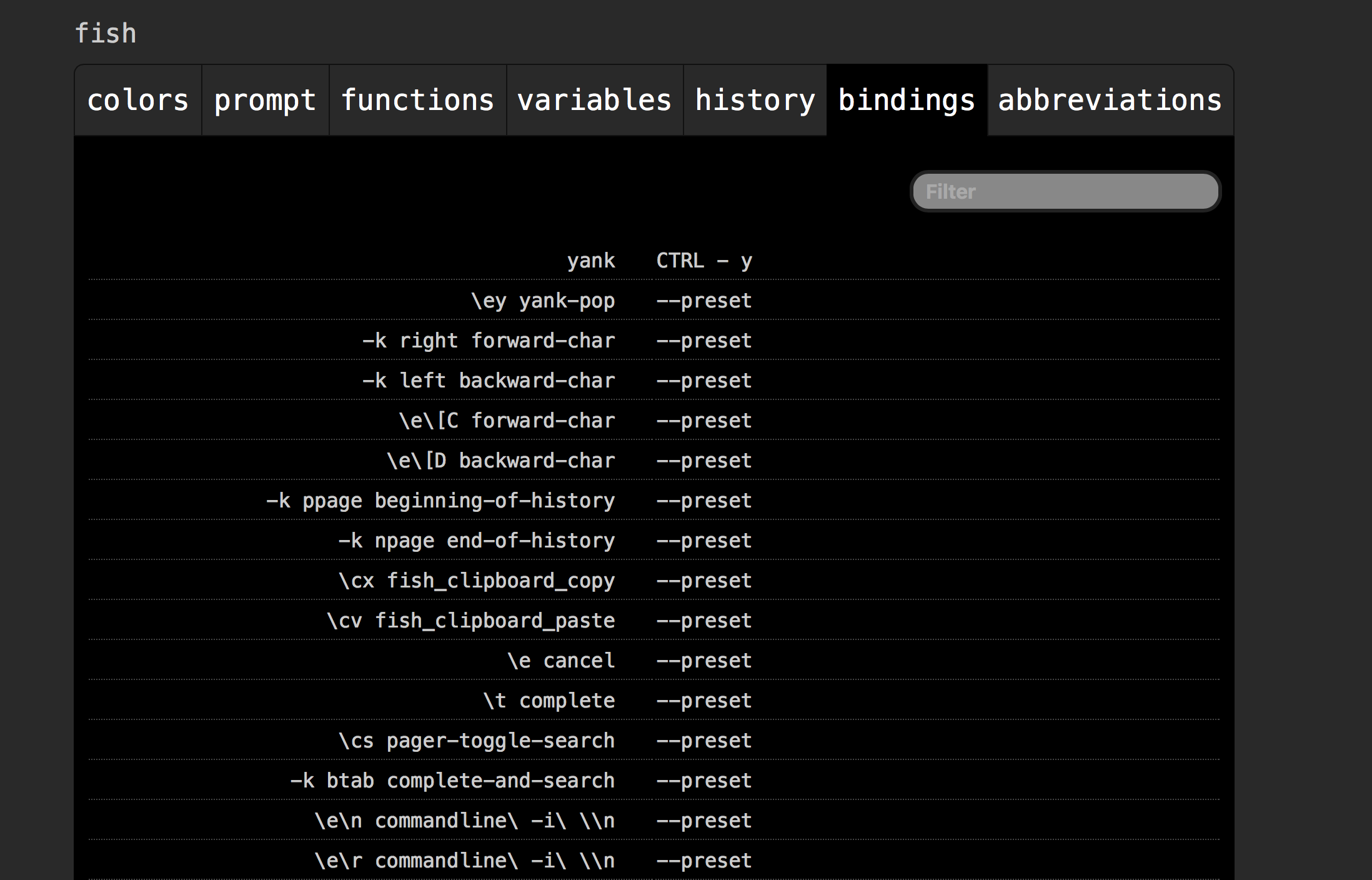 fish_config Bindings tab summarizes every bind as "preset" · Issue