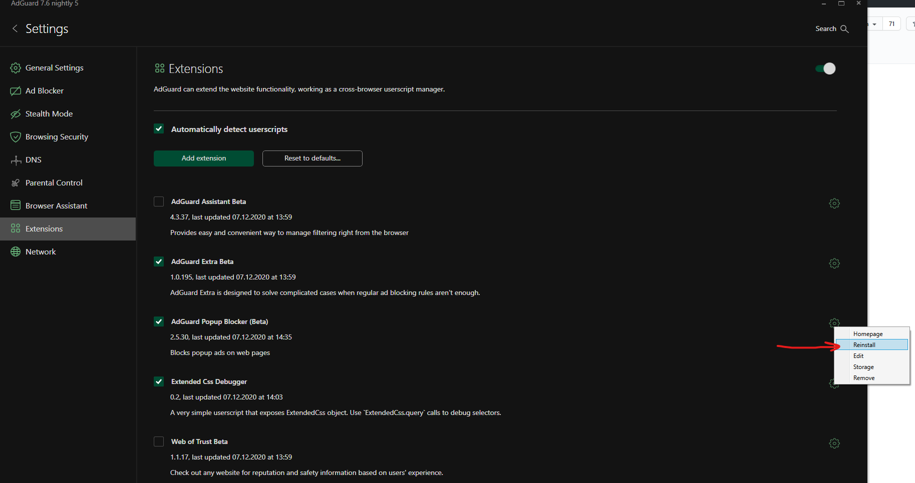 All extensions disappear after clicking "Reinstall" button · Issue ...