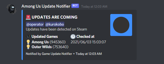 Sample message for updates on Steam