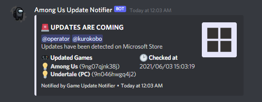 Sample message for updates on Microsoft Store