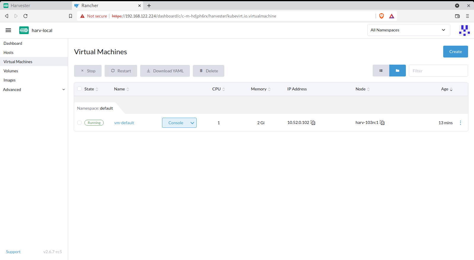 [BUG] When first entering the harvester cluster from Virtualization