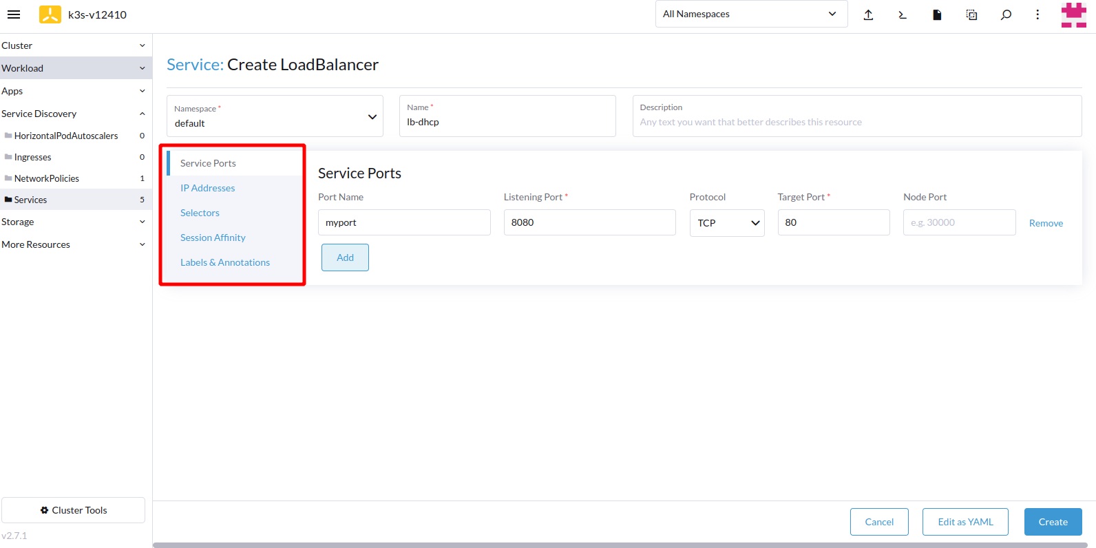 [BUG] Can't display Addon config page on the load balancer service of