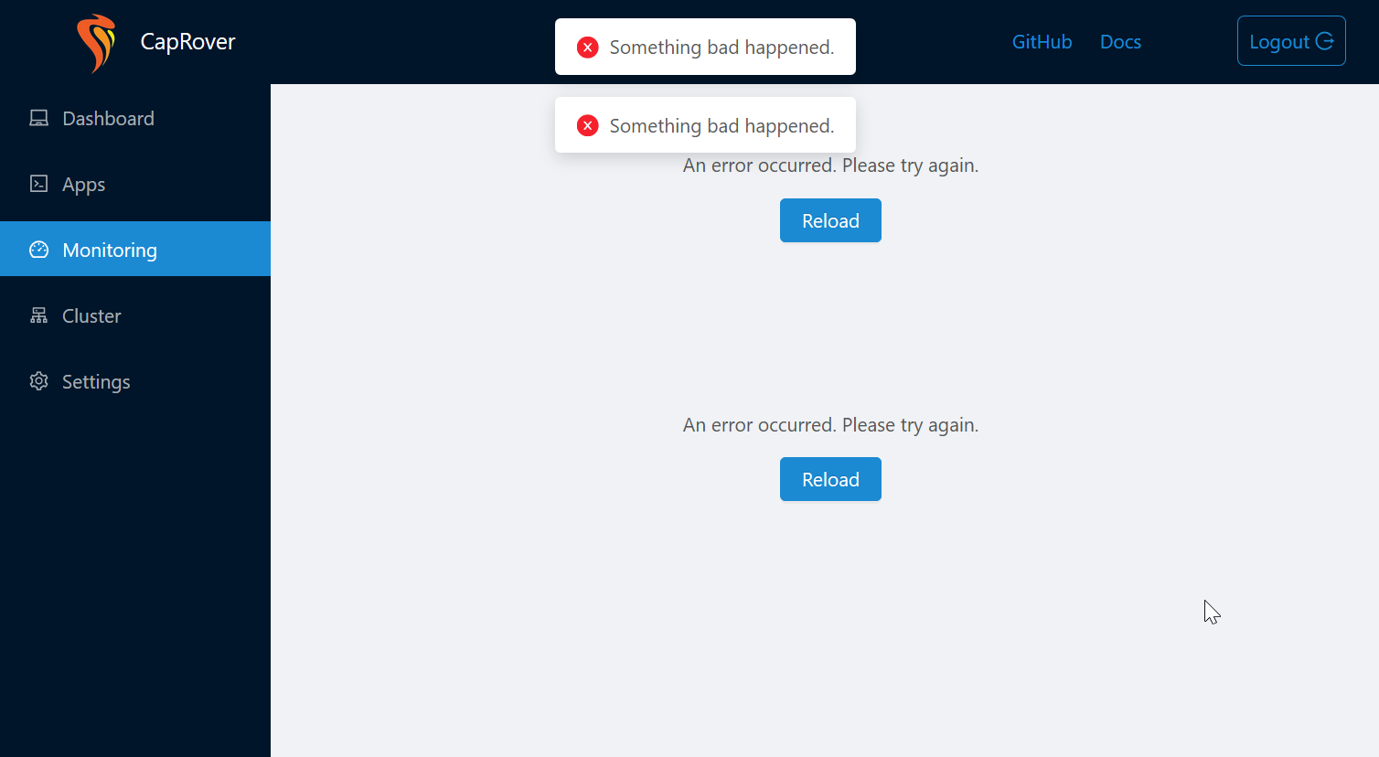 Frequent "Something Bad Happened" Errors · Issue 448 · caprover/caprover · GitHub