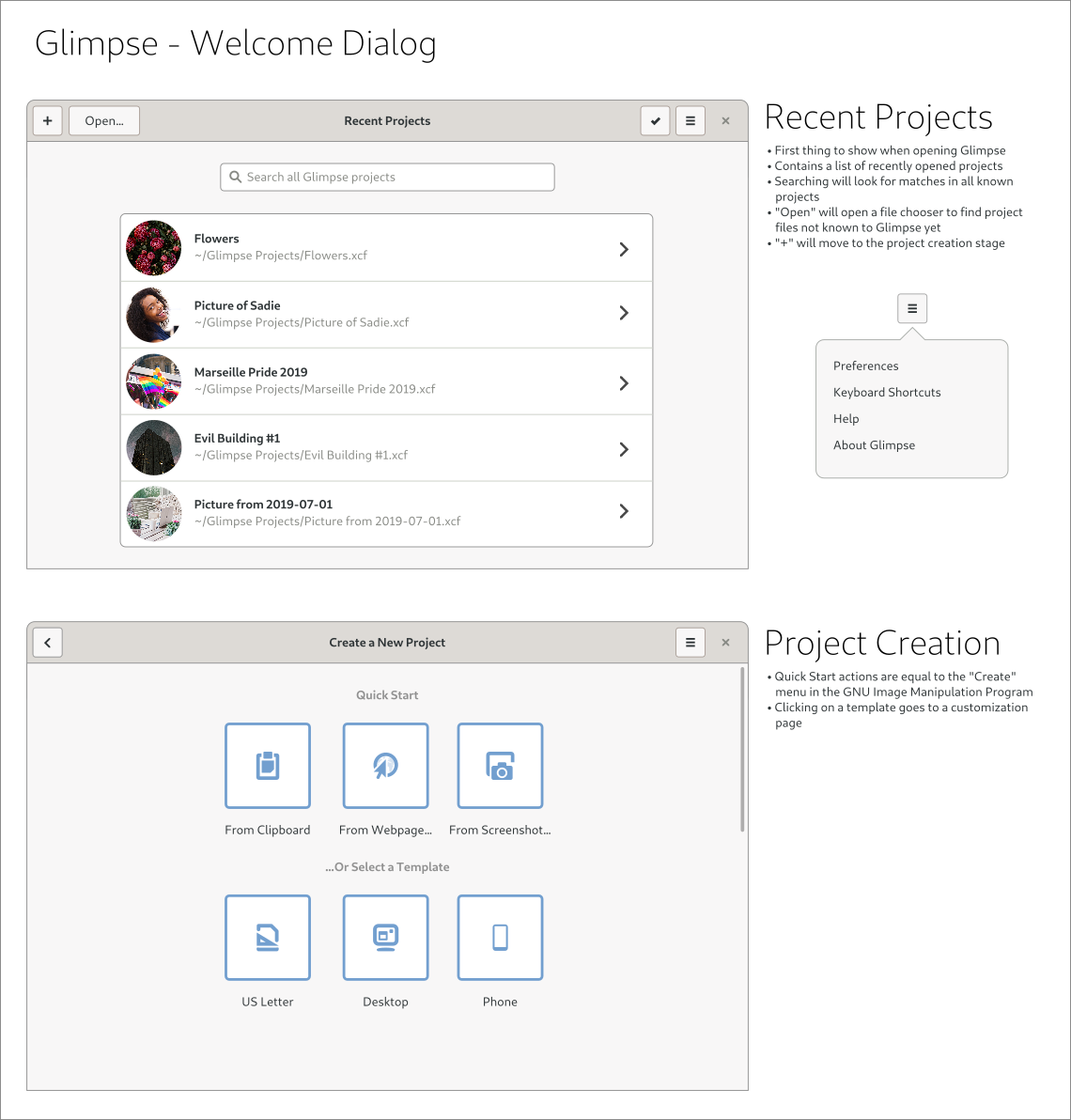 The new welcome screen for Glimpse. Showcases recent projects, opening from files, and creating new projects. You create a new project with the "plus" button, which takes you to the second screen where you choose a quick start action or a template.