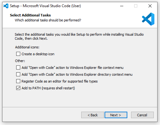 VS Code Installation with PATH checked