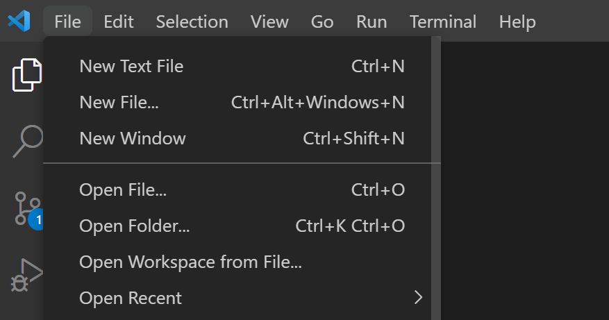 File menu with Open Folder option