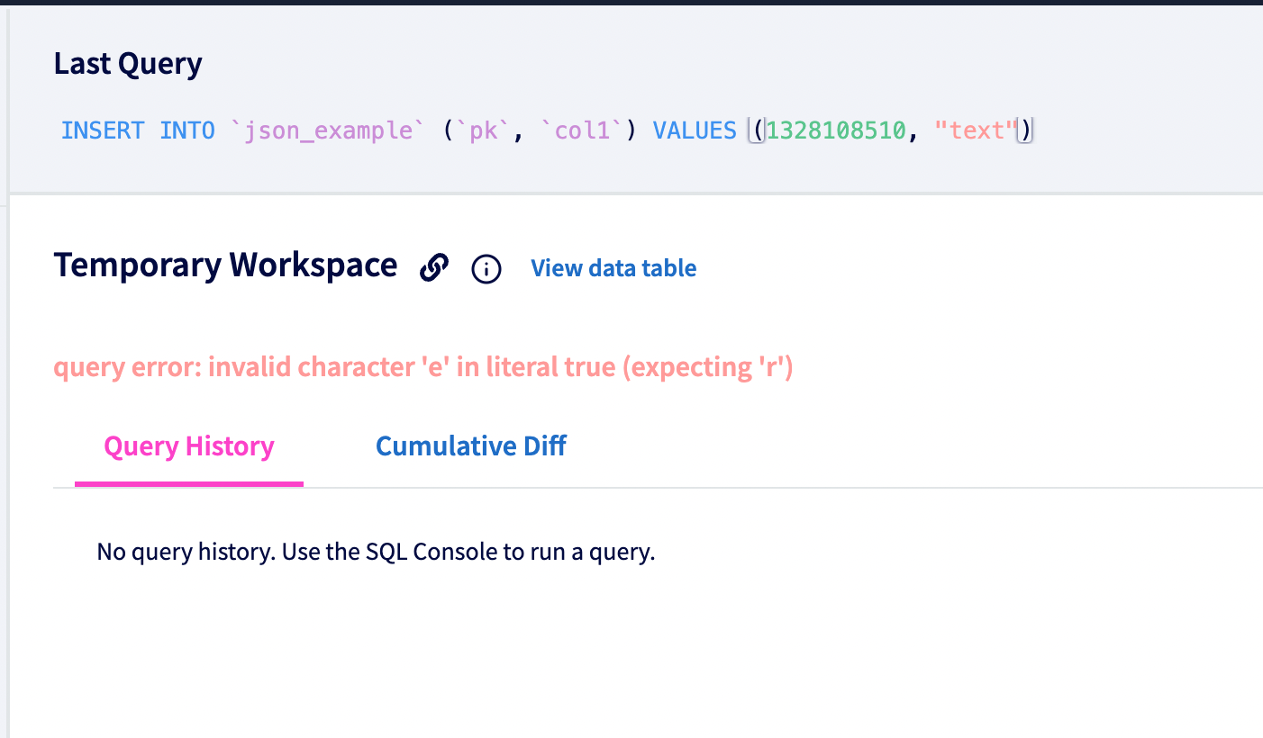 Example insert query doesn't work for table with json column · Issue