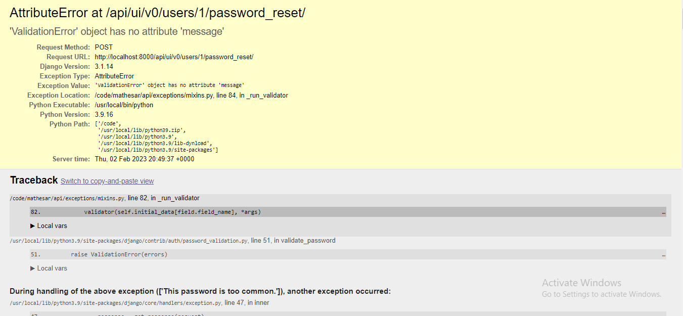 Password change and reset endpoints throw 500 instead of returning