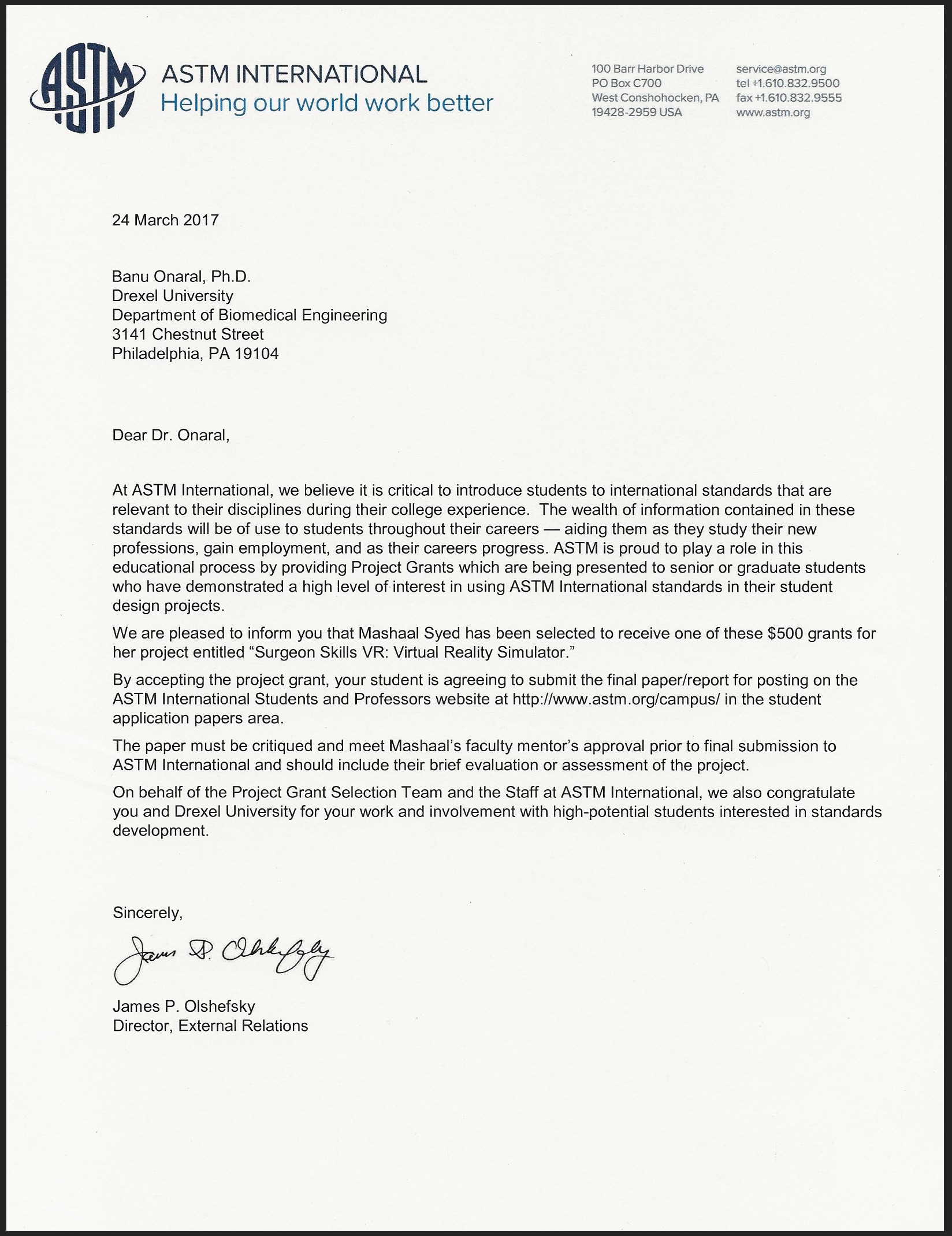 ASTM Winning Letter